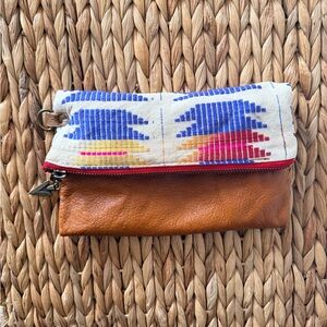 Leather and Woven Fold-Over Clutch in Tan and Multicolor